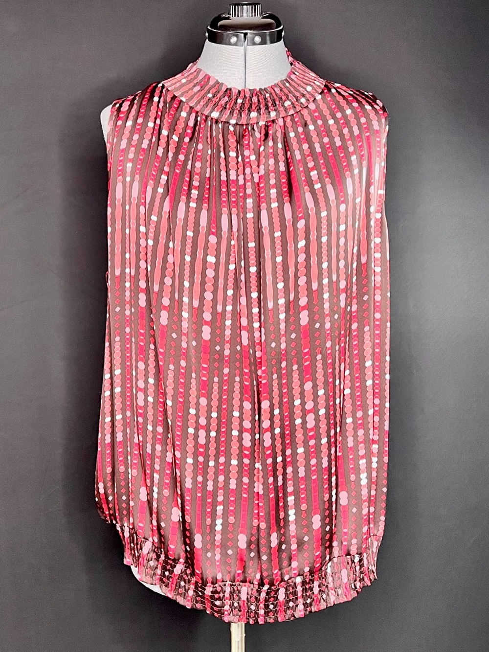 Agora, Sleeveless Pink Dot-Stripe Pleated Blouse